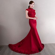 Cheongsam Wedding, Qipao Pattern, Qipao Wedding, Red Qipao, Modern Qipao, Chinese Wedding Dress, Dress With Train, Qipao Cheongsam, Qipao Dress