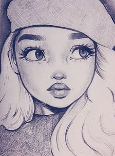 a drawing of a girl with long blonde hair wearing a hat and looking at the camera