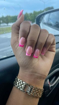 Long But Short Nails, Pretty Short Square Nails, Short Acrylic Pink And White Nails, Pink Acrylic Nails Tips, Short Acrylic Nails Square Simple Classy, Square Summer Nails 2023, Fullset Nails Acrylics, Different Shades Of Pink Nails French, Double French Nails Square