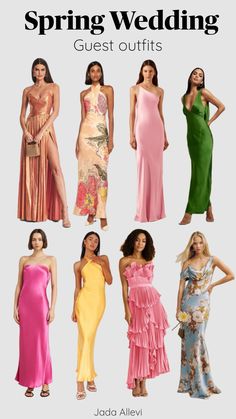 women in dresses with the words spring wedding guest outfits written on them, and an image of