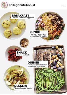 an image of different foods that are on the table in front of each other, including broccoli and green beans