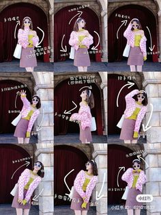 the instructions for how to wear a pink and yellow dress in different poses, with text below