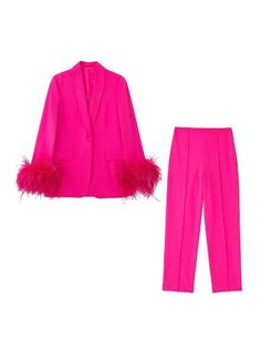 Winter Office Outfits, Hot Pink Outfit, Pink Berry, Office Casual Outfit, Feather Decor, Middle Age Fashion, Elegant Office, Jacket Zipper, Stil Elegant