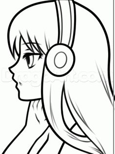 a cartoon girl with headphones on her ears, looking to the side in black and white