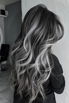 Gray Highlights, Silver Hair Highlights, Black And Grey Hair, Gray Balayage, Latest Hair Color, Color Highlights, Silver Highlights, Black Hair With Highlights, Dark Hair With Highlights