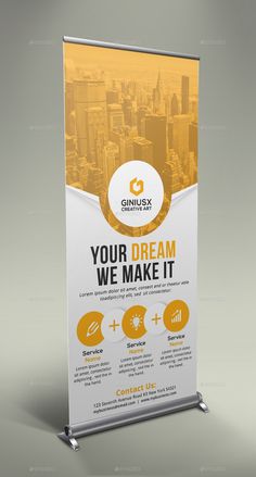 a roll up banner with an orange and white background