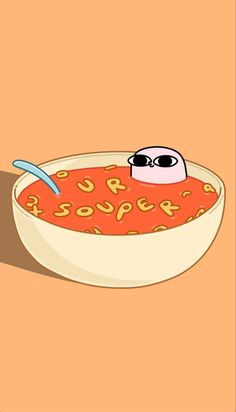 a bowl of soup with a spoon in it and an eye patch on the top