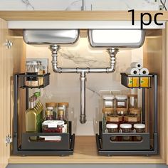 an open cabinet with two sinks and various items on the shelf below it that is labeled ipc