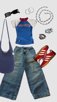 OUTFIT INSPO #red #france #slay #cool #inspo #jeans #fashion #outfitinspo #outfit #glasses #hoops Fashion Inspo Colorful, Vintage Red Outfit, Sunny Outfits, France Outfits, Slay Outfits, 2000s Fashion Outfits, Jeans Fashion, Going On A Trip, Swaggy Outfits