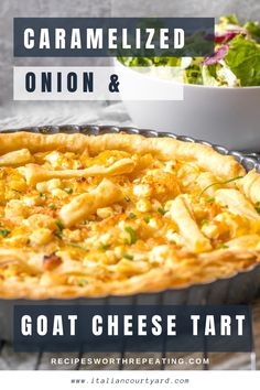 Goat cheese and onion tart being served in a tart pan. Onion And Goat Cheese Tart, Goat Cheese Puff Pastry, Savory Tarts, Goat Cheese Tart, Cheese Puff, Cheese Puff Pastry, Cheese Tart, Cheese Tarts, Savory Tart