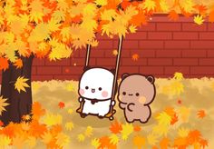 two cartoon bears on a swing in front of some trees with orange and yellow leaves