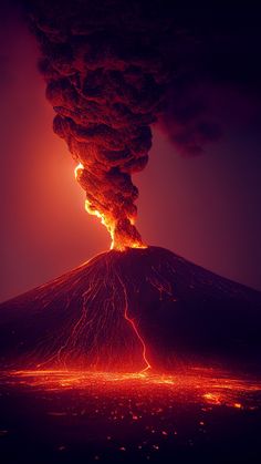 a volcano spewing lava into the sky with red light coming out from it