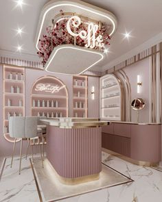 the interior of a nail salon with pink and gold decor