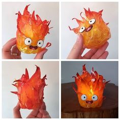 four different pictures of an orange object with googly eyes and hair on it's head