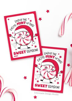 two red and white cards with candy canes on them