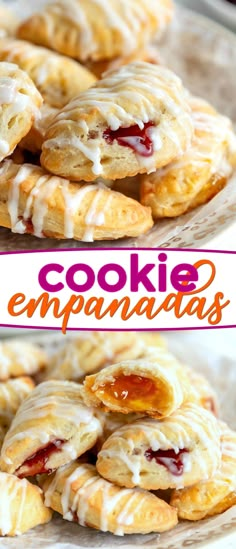 cookies with white icing and strawberry jam on top are stacked up in front of the words cookie empanadas