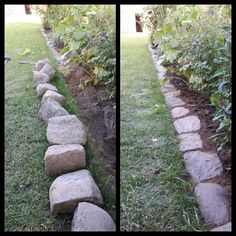 there are two pictures of rocks in the grass and one is made out of stones