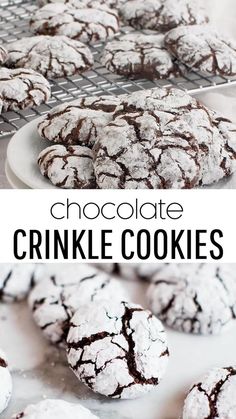 chocolate crinkle cookies with powdered sugar on top and in the foreground