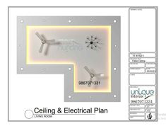 the ceiling and electrical plan for a living room is shown in this graphic style, with two clocks on each side