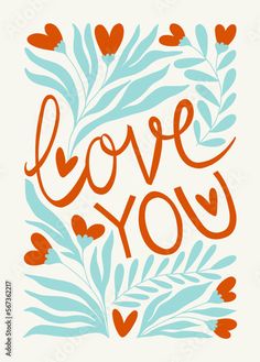 an orange and blue love you sign with leaves on the bottom, in front of a white background