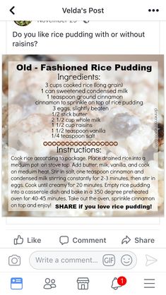 an iphone screen showing the recipe for old fashioned rice pudding