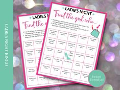 two ladies's night game cards with the words, find the girl who