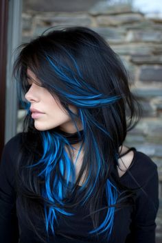 New Trending Hair Colors, Blue Frosted Tips Hair, Black And Blue Hairstyles, Unique Hair Ideas Color, Cool Hair Colors For Short Hair, Brown Blonde And Blue Hair, Creative Hair Dye Ideas, Layered Blue Hair