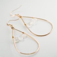 The mesmerizing teardrop shape of the moonstone will draw attention while the 14k gold adds a classic touch of elegance. Put these on and they'll be moonstruck. 0.25" moonstones 14k gold-filled wire Total length: 2.5" Handmade on Oʻahu