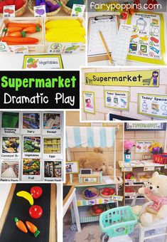 there are pictures of different toys and books in the store with words super market dramatic play