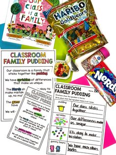 the classroom family pudding kit is filled with candy, candies and other items to make it