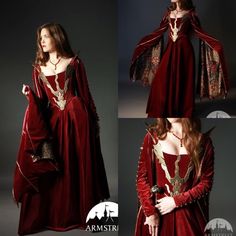 Red Dresses Medieval, Red Medevil Dress, Dornish Clothing, Medieval Gowns Royals, Elegant Fitted Red Medieval Dress, Red Fantasy Outfit, Red And Gold Fantasy Dress, Queen Outfits Royal Medieval, Black And Red Medieval Dress