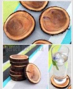 several pictures of wood slices with water in them