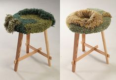 two pictures of stools with grass on them and one is made from wood legs