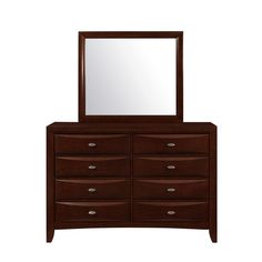 a wooden dresser with a mirror on it's top and bottom drawer, in front of a white background