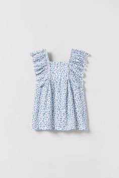 TEXTURED FLORAL DRESS - Light blue | ZARA United States Cute Flutter Sleeve Blouse For Summer, Cute Summer Blouse With Flutter Sleeves, White Blouse With Ruffles And Flutter Sleeves, Cute White Square Neck Top, Cotton Blouse With Ruffled Straps, Cotton Blouse With Ruffled Straps And Details, Cute Ruffled Flutter Sleeve Blouse, Square Neck Cotton Tops With Ruffles, Square Neck Ruffle Tops For Daywear