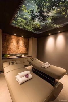 a spa room with two massage beds and towels on the back of each bed, under a painted ceiling