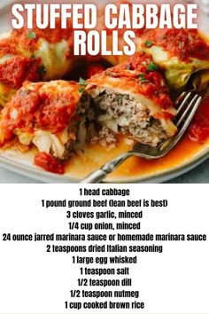 stuffed cabbage rolls on a plate with sauce and fork in front of it, text reads stuffed cabbage rolls