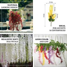 four different types of artificial flowers hanging from the ceiling and in vases, along with instructions on how to use them