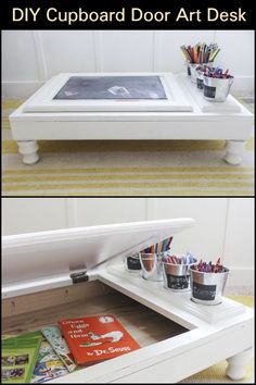 the diy cupboard door art desk is made from an old drawer and has been painted white