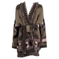 100% authentic Alanui belted jacquard cardigan with fringe border trim in dark green, green and dusty rose cashmere (100%). With fringed shawl collar, drop shoulder and two slit pockets on the side. Comes with matching belt strap. Unlined. Has been worn with pilling throughout. Overall in very good condition. Please note - all tags have been removed. Measurements Tag Size Missing Size L Shoulder Width 70cm (27.3in) Bust From 128cm (49.9in) Waist From 126cm (49.1in) Hips From 134cm (52.3in) Length 88cm (34.3in) Sleeve Length 38cm (14.8in) All our listings include only the listed item unless otherwise specified in the description above Linen Sport Coat, Jacquard Cardigan, Belted Cardigan, Valentino Black, Versace Collection, Military Style Jackets, Long Vests, Velvet Blazer, Warm Coat