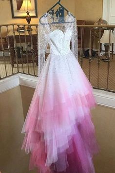 Pink Ombre Wedding Dress, Wedding Dress Ombre, Layer Wedding Dress, Pink Ombre Wedding, Ombre Wedding Dress, Long Wedding Dress, Ombre Wedding, White Bridal Dresses, White Long Sleeves