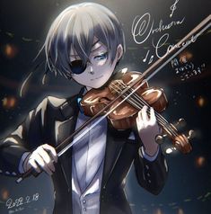 an anime character holding a violin in his right hand and wearing a black suit with white hair