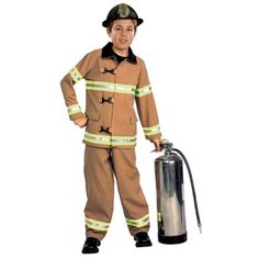 a young boy dressed in firefighter gear and holding a propane can while standing against a white background