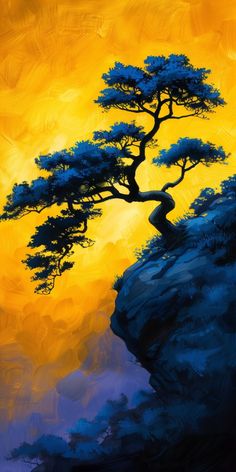 a painting of a tree on top of a cliff