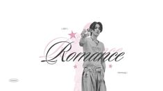 a man standing in front of a white background with the words romance on it