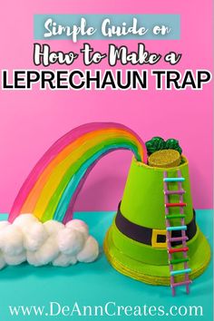 This pin features a leprechaun trap shaped like a leprechaun hat with a colorful ladder leading to a clover and gold coin-filled opening, topped with a rainbow and pompom ball cloud.