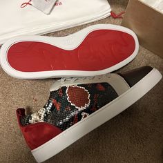 Brand New Men’s Size 43 Christian Louboutin, Red Bottoms Sneakers. Never Worn. Designer Custom Sneakers With Red Sole, Red Bottoms Sneakers, Louboutin Red Bottoms, Embroidery Sneakers, Christian Louboutin Red Bottoms, Christian Louboutin Sneakers, Flats Boat, Hightop Sneakers, Red Louboutin