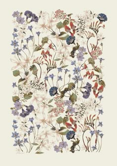 an image of flowers and leaves on a white background with red, blue, green, purple