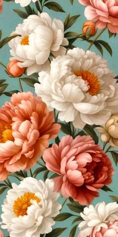 a bunch of flowers that are on a blue background with white and pink flowers in the middle