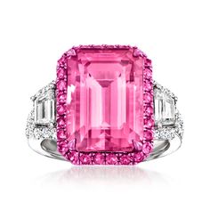 Ross-Simons - 10.50ct t. w. Pink Tourmaline Ring, 1.33ct t. w. Diamonds. Size 7. Truly unforgettable on all accounts, this head-turning cocktail ring is destined to be your most magnificent heirloom. Features an ample 10.00 carat emerald-cut pink tourmaline bordered by .50 ct. t. w. pink tourmaline rounds and flanked by 1.33 ct. t. w. trapezoidal and round brilliant-cut diamonds. Finely crafted in polished 18kt white gold. Pink rhodium at tourmalines. 5/8" wide. Diamond and pink tourmaline ring. Pink Sparkles, Pink Tourmaline Ring, Tourmaline Ring, Gem Stone, Dream Jewelry, Pink Diamond, Round Brilliant Cut Diamond, Cocktail Ring, Pink Tourmaline